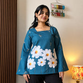 Teal Blue Printed Corset Back Short Kurti - XPCRDKT