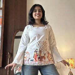 White Handcrafted Printed Corset Back Short Kurti - XPCRDKT