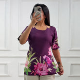 Wine Lotus Printed Corset Back Short Kurti - XPCRDKT