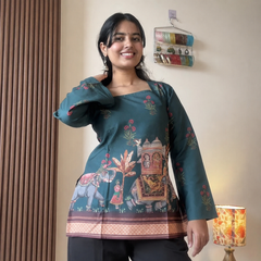 Green Kalamkari Printed Corset Back Short Kurti - XPCRDKT