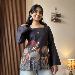 Black Kalamkari Printed Corset Back Short Kurti - XPCRDKT