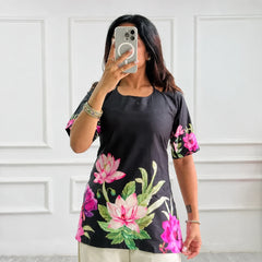 Black Lotus Printed Corset Back Short Kurti - XPCRDKT