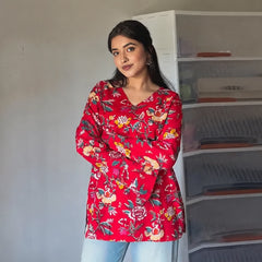 Red Floral Printed Corset Back Short Kurti - XPCRDKT
