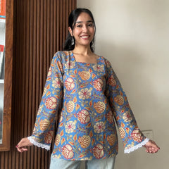 Blue kalamkari women's short kurti - XPSKT
