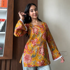 Mustard kalamkari women's short kurti - XPSKT