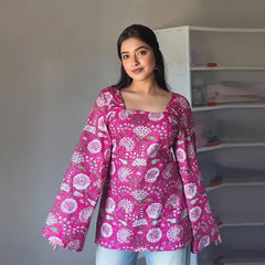 Pink floral women's short kurti - XPSKT