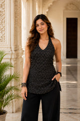 Black Dot Blossom Sleeveless Top for Girls