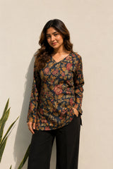 Black Floral Blossom V Neck Top for Girls