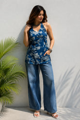 Blue Floral Sleeveless Top for Girls