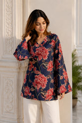 Navy Blue Floral V Neck Top for Girls