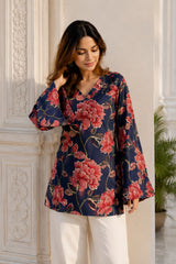 Navy Blue Floral V Neck Top for Girls