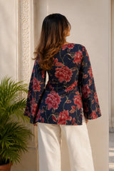 Navy Blue Floral V Neck Top for Girls