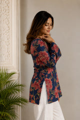Navy Floral V Neck Top for Girls