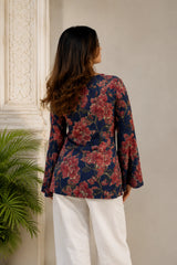 Navy Floral V Neck Top for Girls