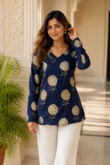 Navy Round Design V Neck Top for Girls