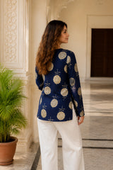 Navy Round Design V Neck Top for Girls