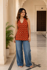 Red Floral Sleeveless Top for Girls