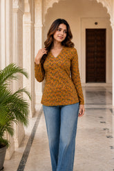 Yellow Floral V Neck Top for Girls