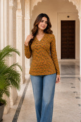 Yellow Floral V Neck Top for Girls