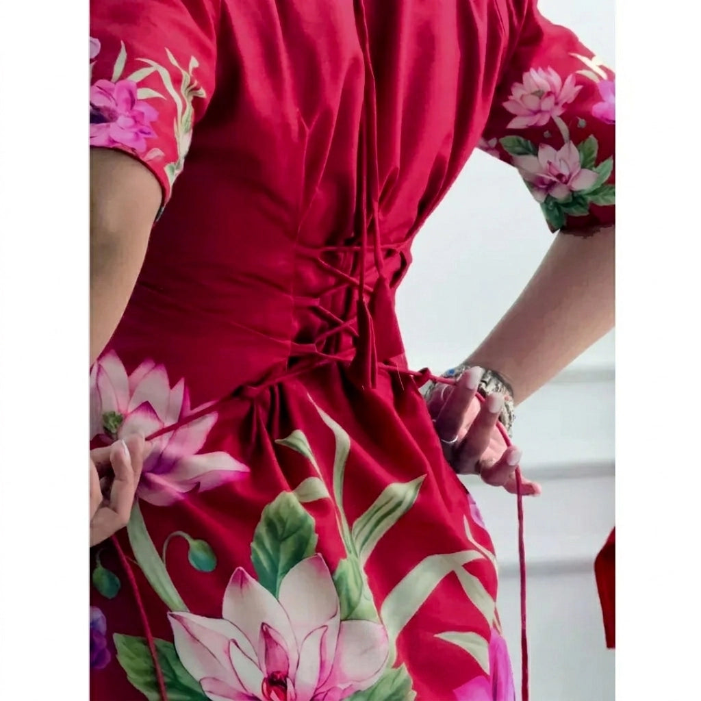 Red Lotus Printed Corset Back Short Kurti - XPCRDKT