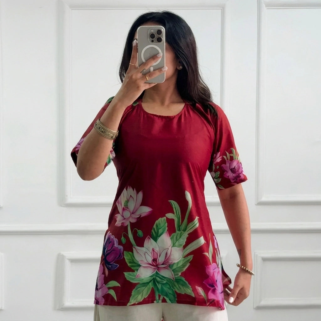 Red Lotus Printed Corset Back Short Kurti - XPCRDKT