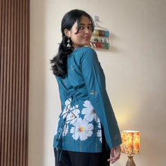 Teal Blue Printed Corset Back Short Kurti - XPCRDKT