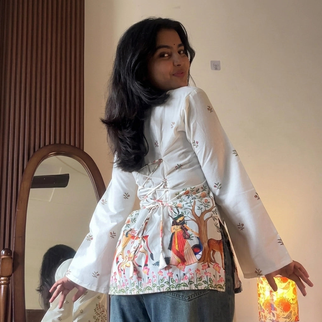 White Handcrafted Printed Corset Back Short Kurti - XPCRDKT