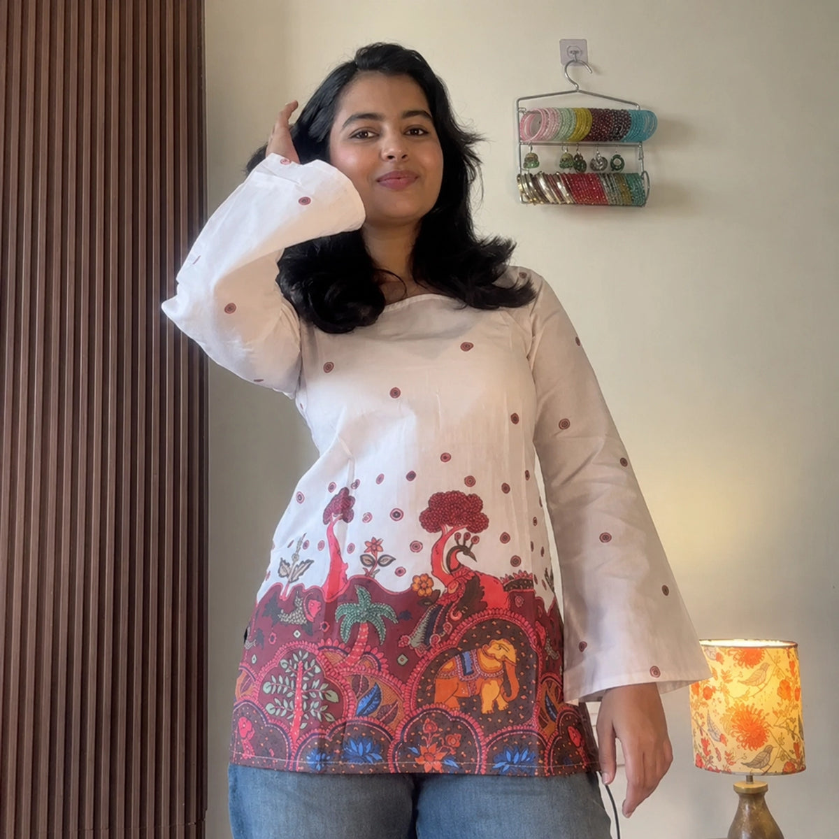 White Kalamkari Printed Corset Back Short Kurti - XPCRDKT