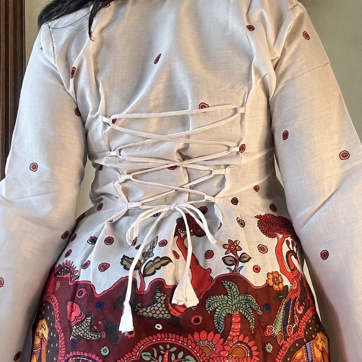 White Kalamkari Printed Corset Back Short Kurti - XPCRDKT