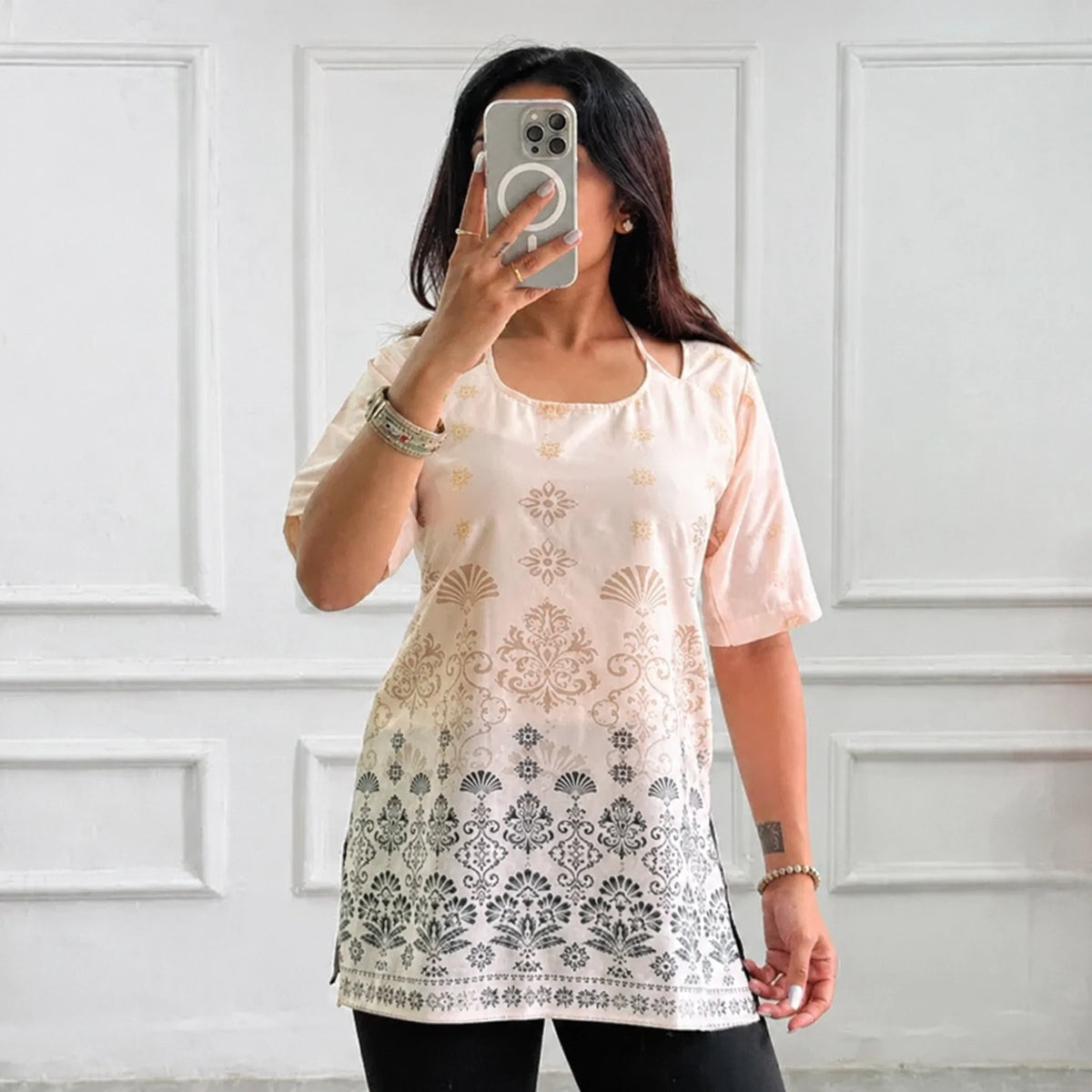 White mandala women's short kurti - XPSKT