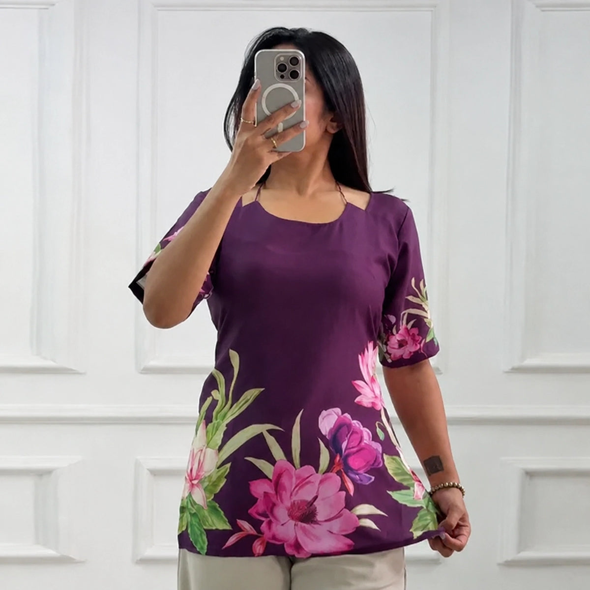 Wine Lotus Printed Corset Back Short Kurti - XPCRDKT
