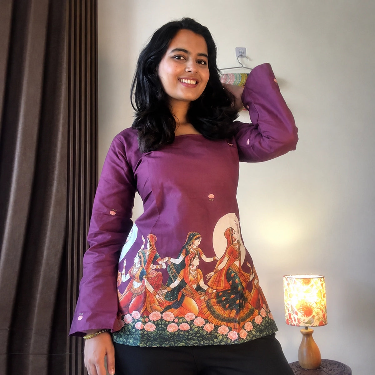 Wine Pichwai Printed Corset Back Short Kurti - XPCRDKT