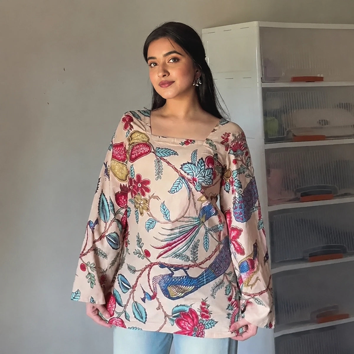 Beige Kalamkari Printed Corset Back Short Kurti - XPCRDKT