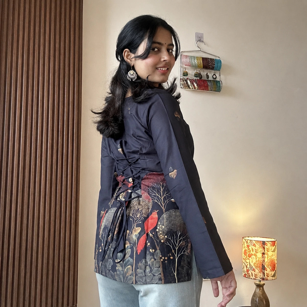 Black Kalamkari Printed Corset Back Short Kurti - XPCRDKT