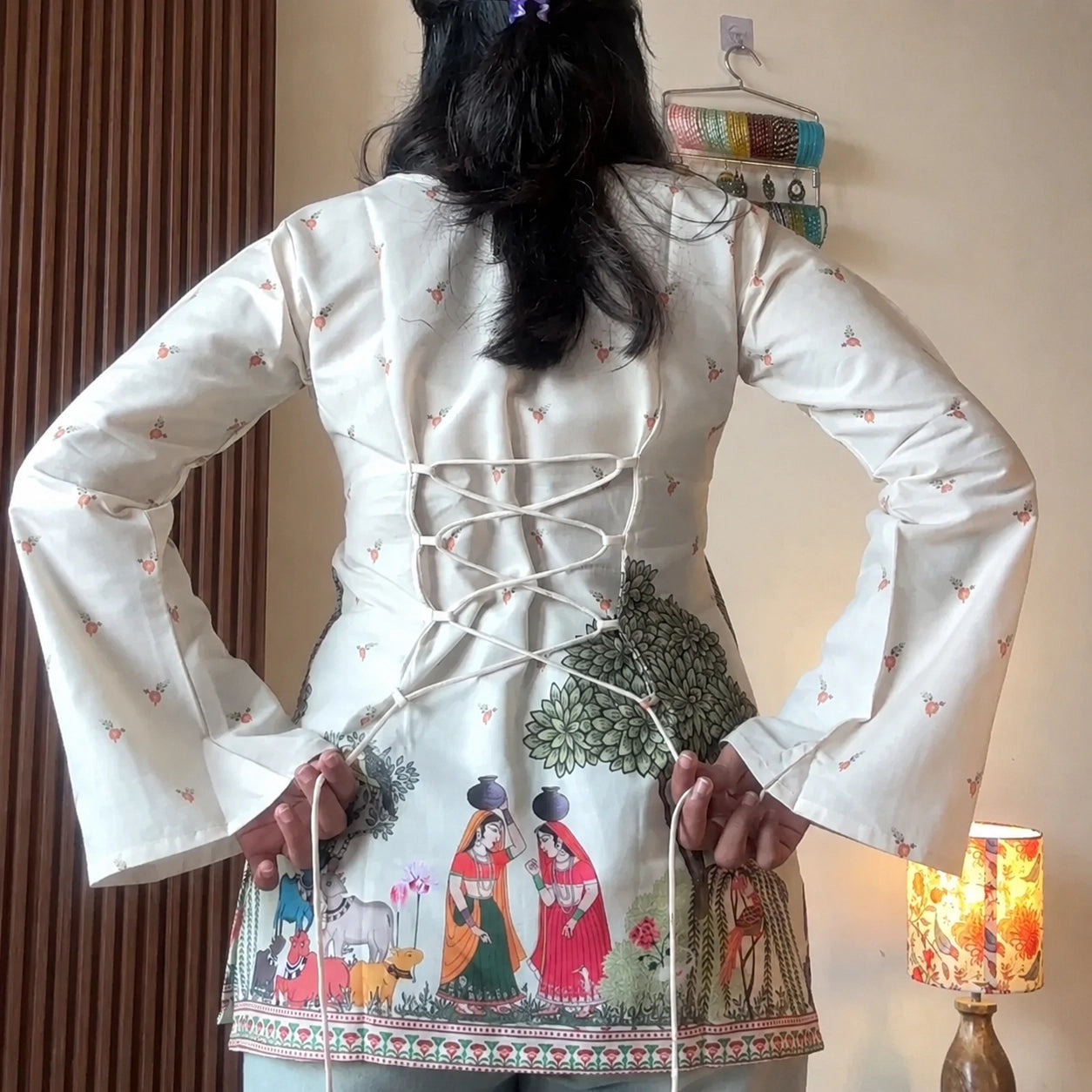 Ivory Kalamkari Printed Corset Back Short Kurti - XPCRDKT