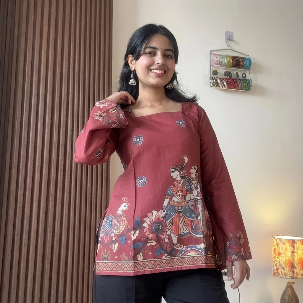 Maroon Kalamkari Printed Corset Back Short Kurti - XPCRDKT