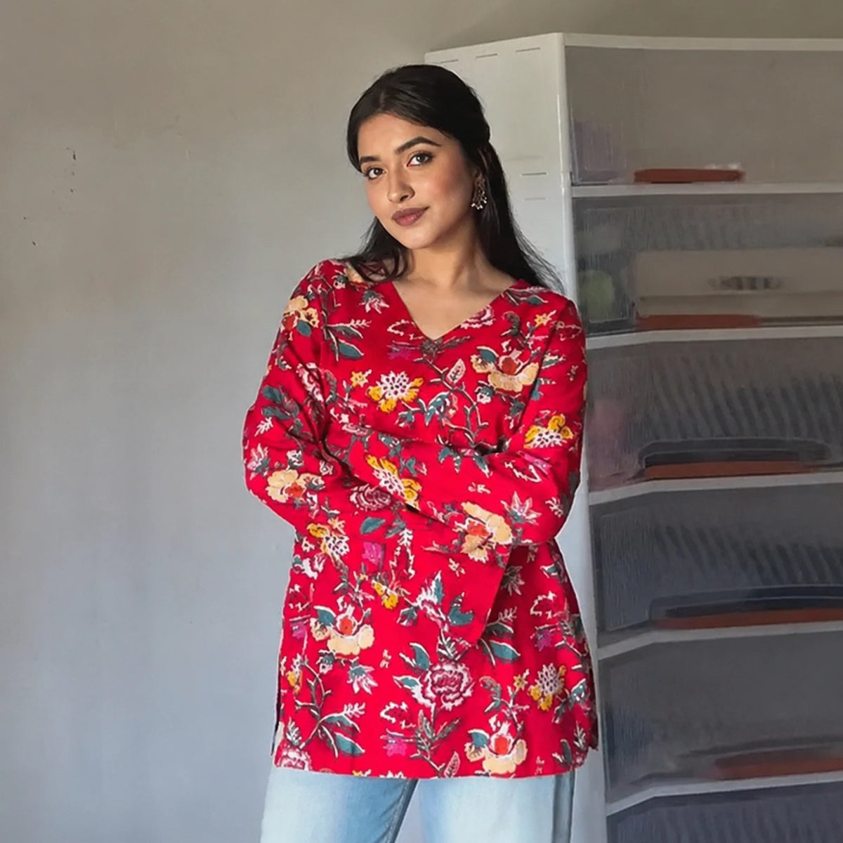Red Floral Printed Corset Back Short Kurti - XPCRDKT