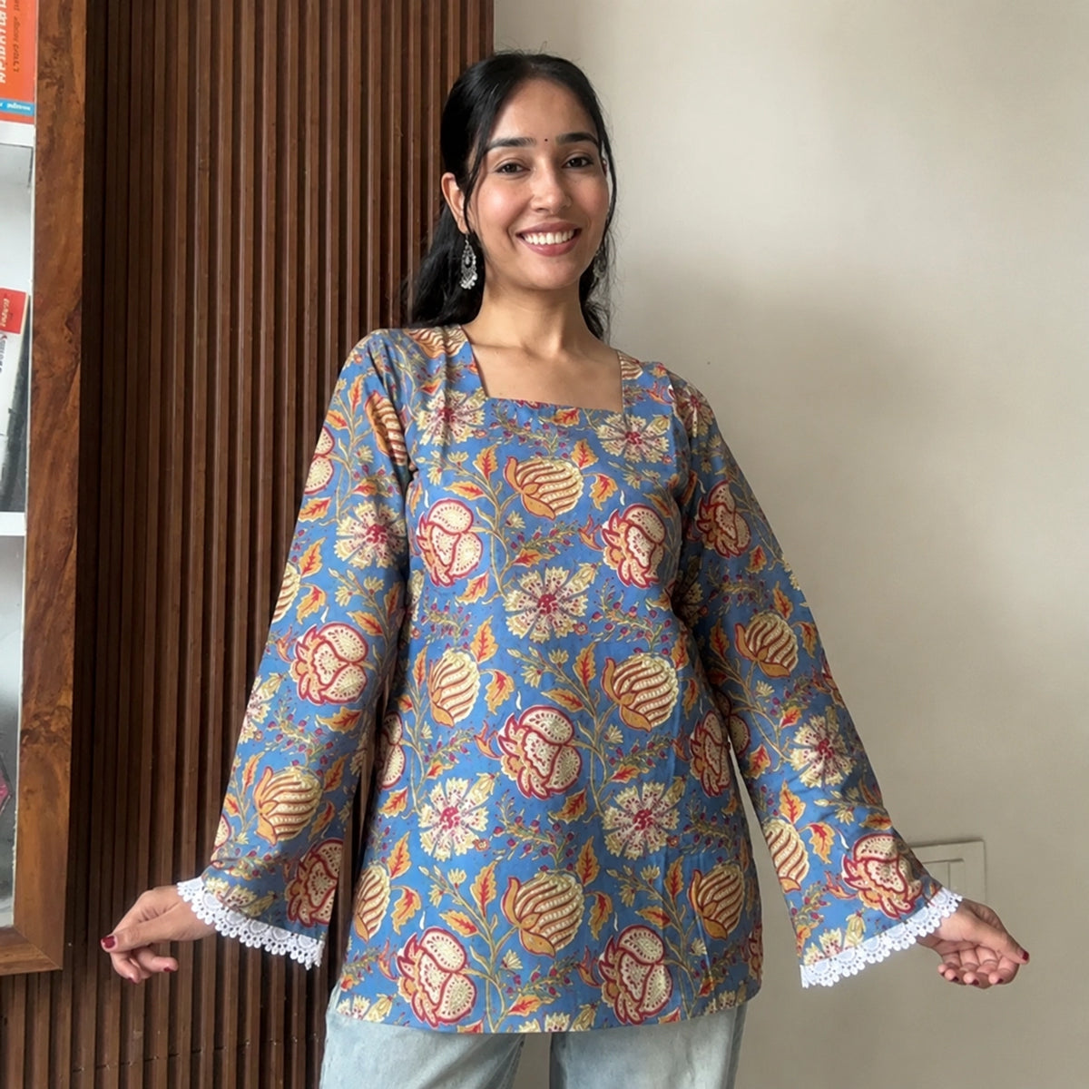 Blue kalamkari women's short kurti - XPSKT