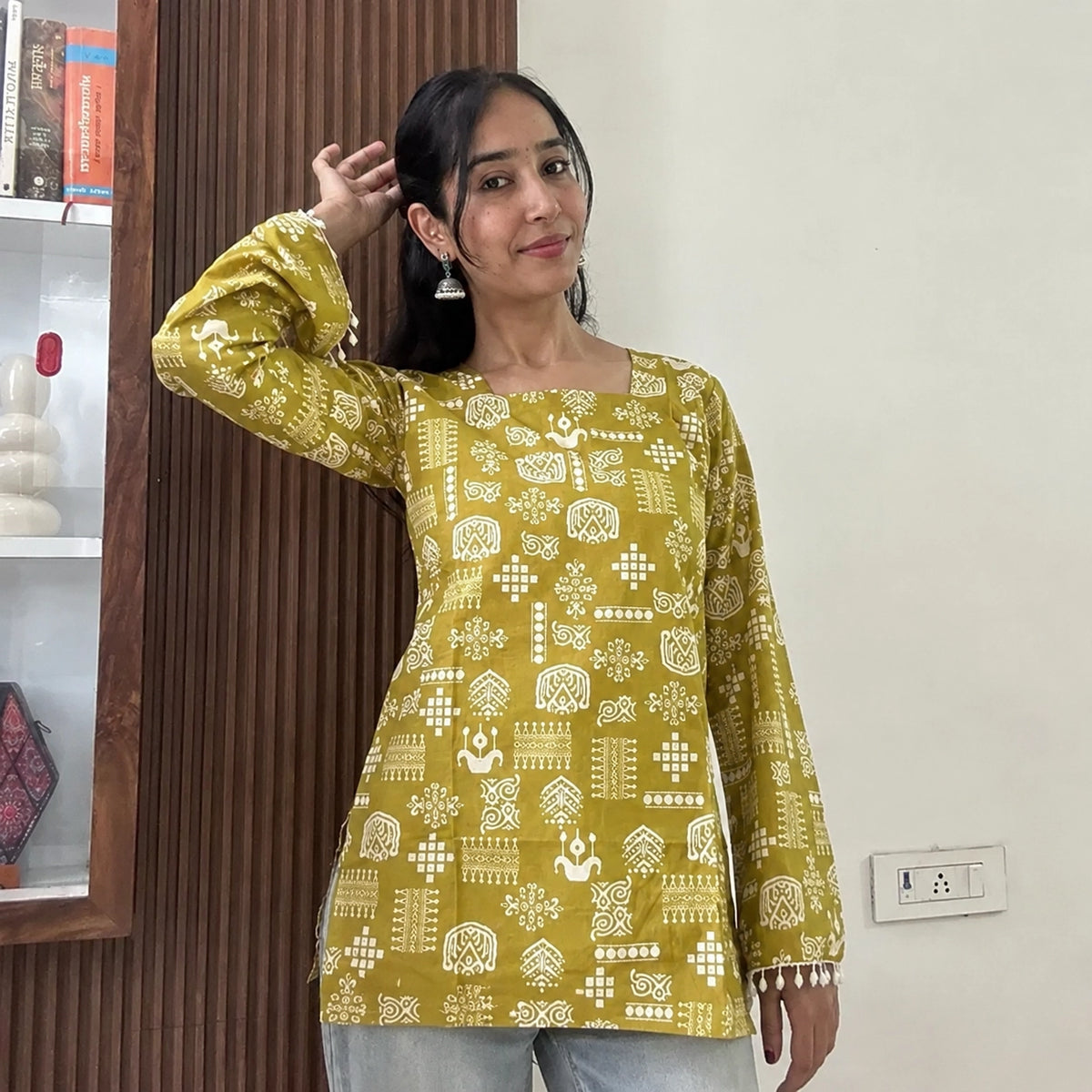 Olive bandhani women's short kurti - XPSKT