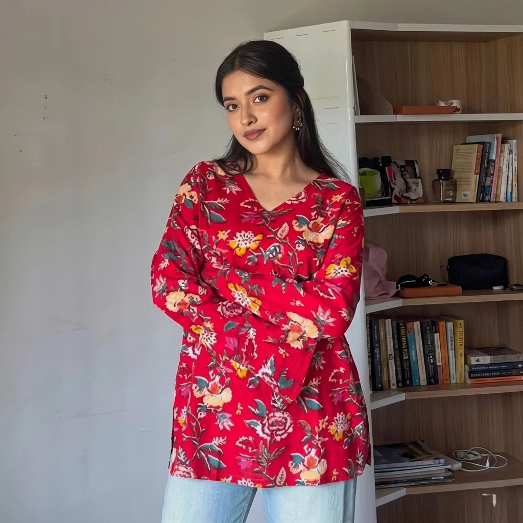 Red floral women's short kurti - XPSKT