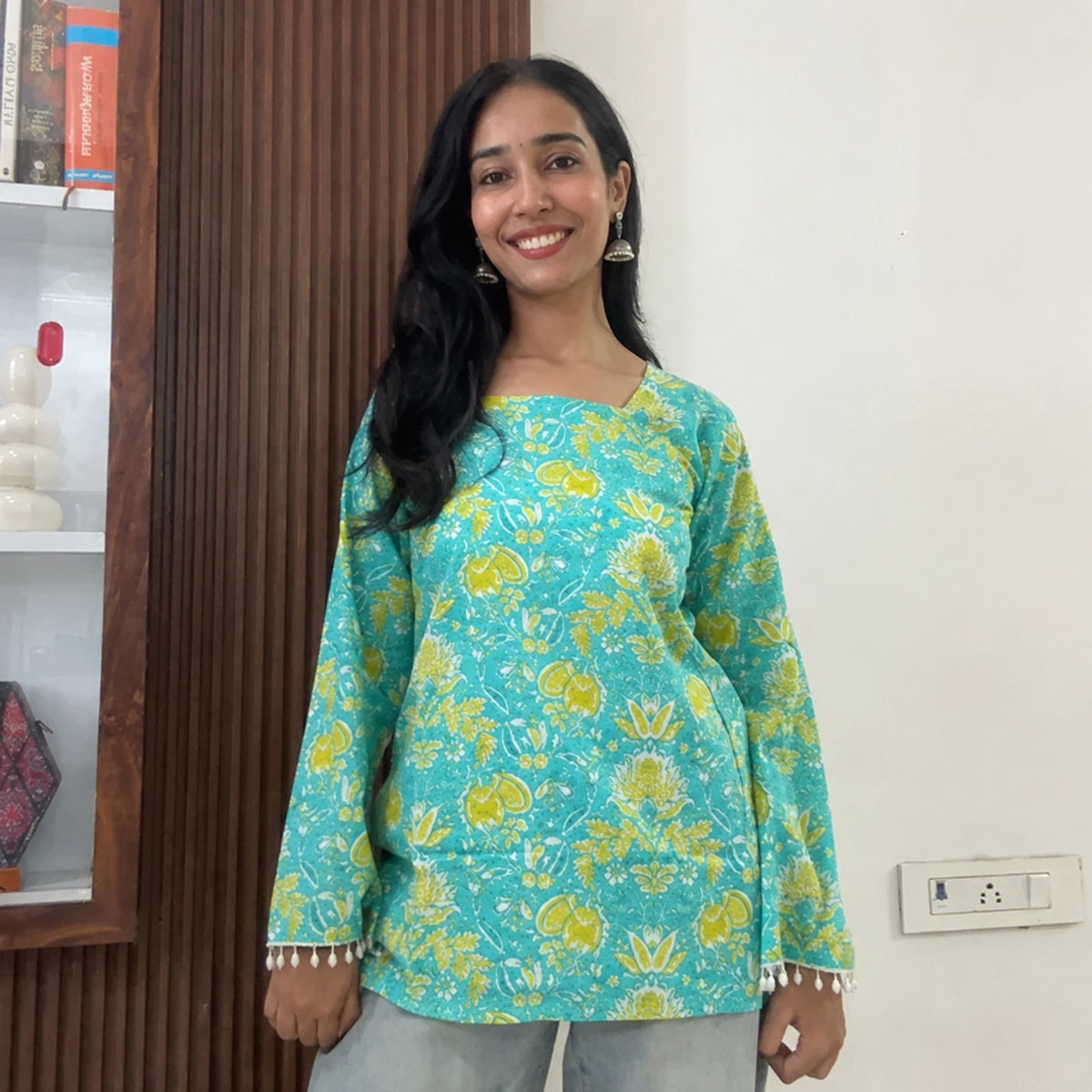 Turquoise floral women's short kurti - XPSKT