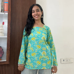 Turquoise floral women's short kurti - XPSKT