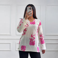 White pink floral women's short kurti - XPSKT