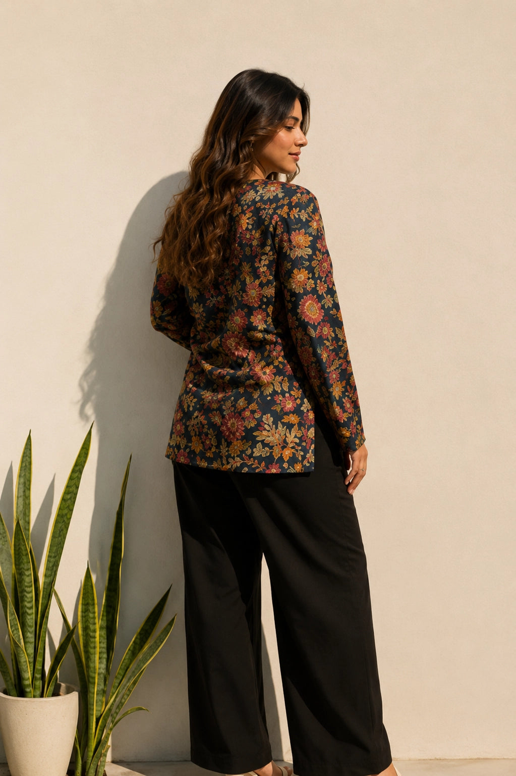 Black Floral Blossom V Neck Top for Girls