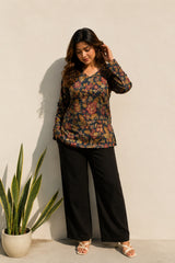 Black Floral Blossom V Neck Top for Girls