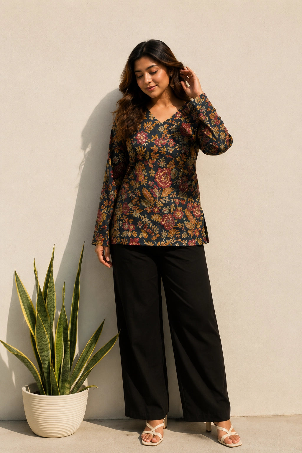 Black Floral Blossom V Neck Top for Girls