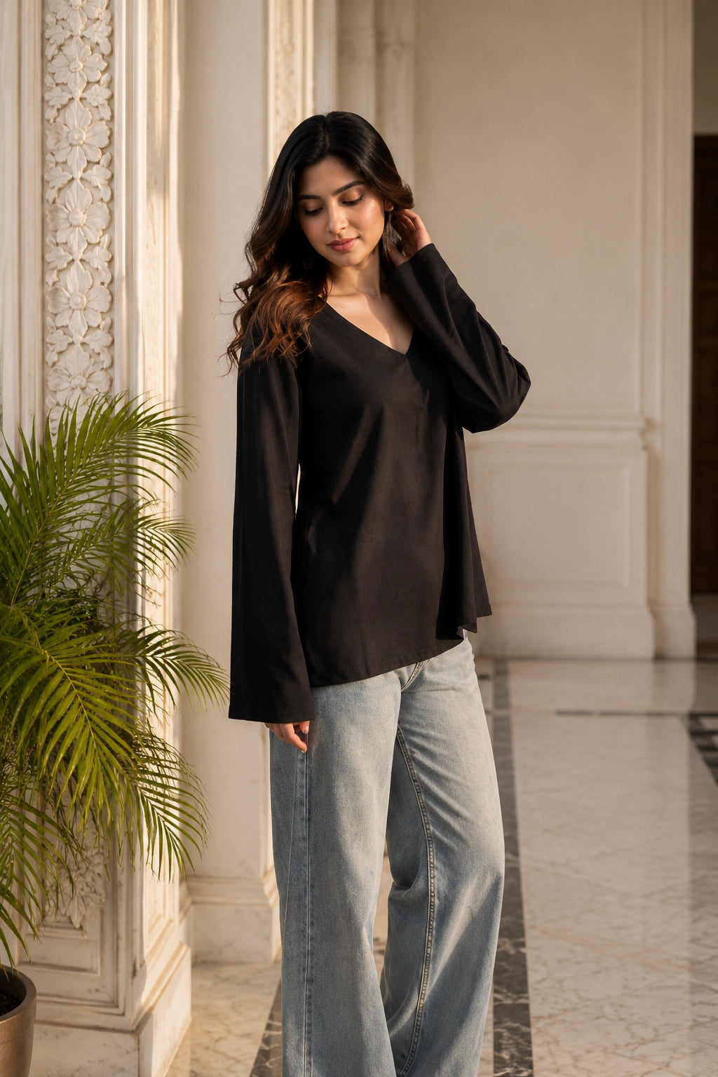Black Plain V Neck Top for Girls