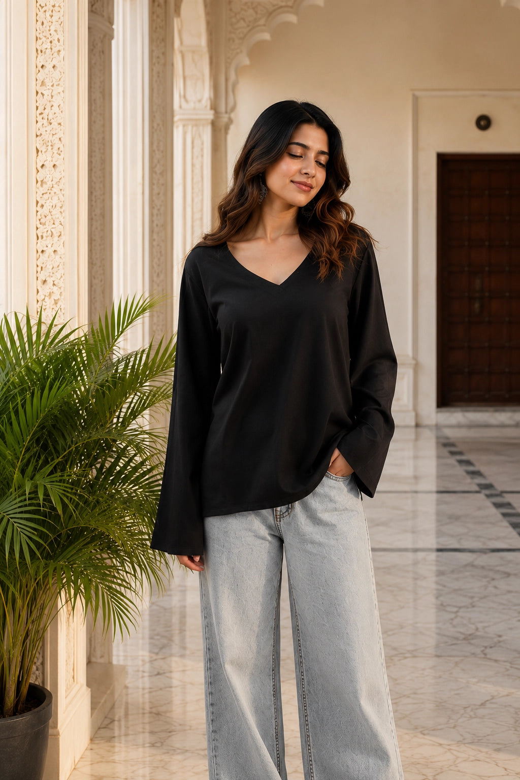 Black Plain V Neck Top for Girls