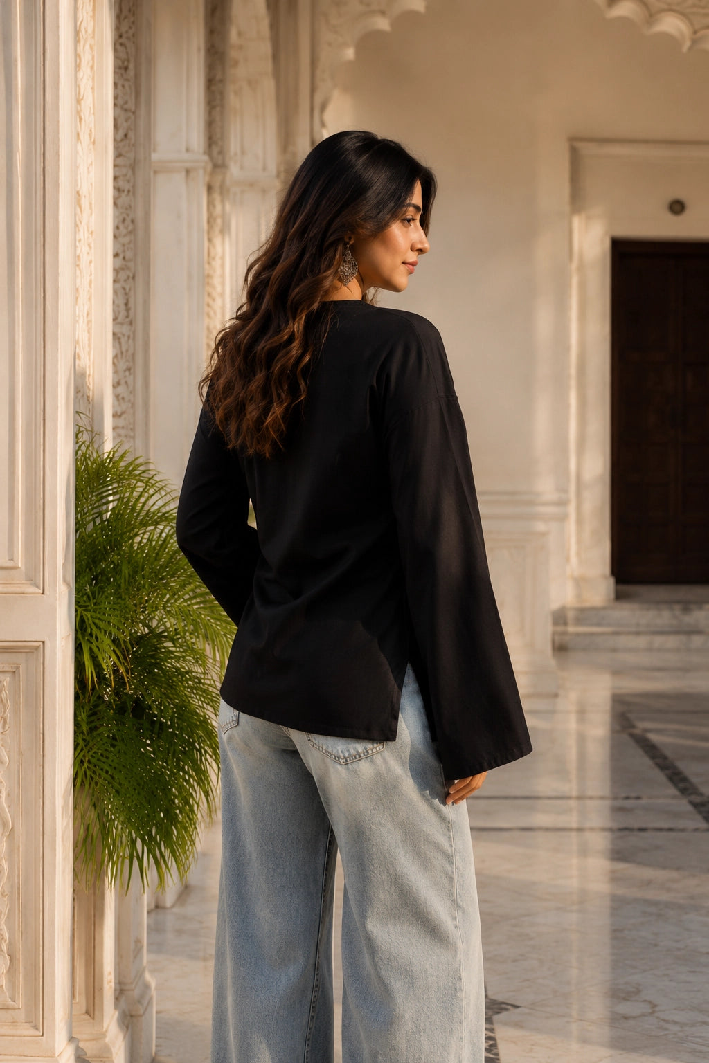 Black Plain V Neck Top for Girls