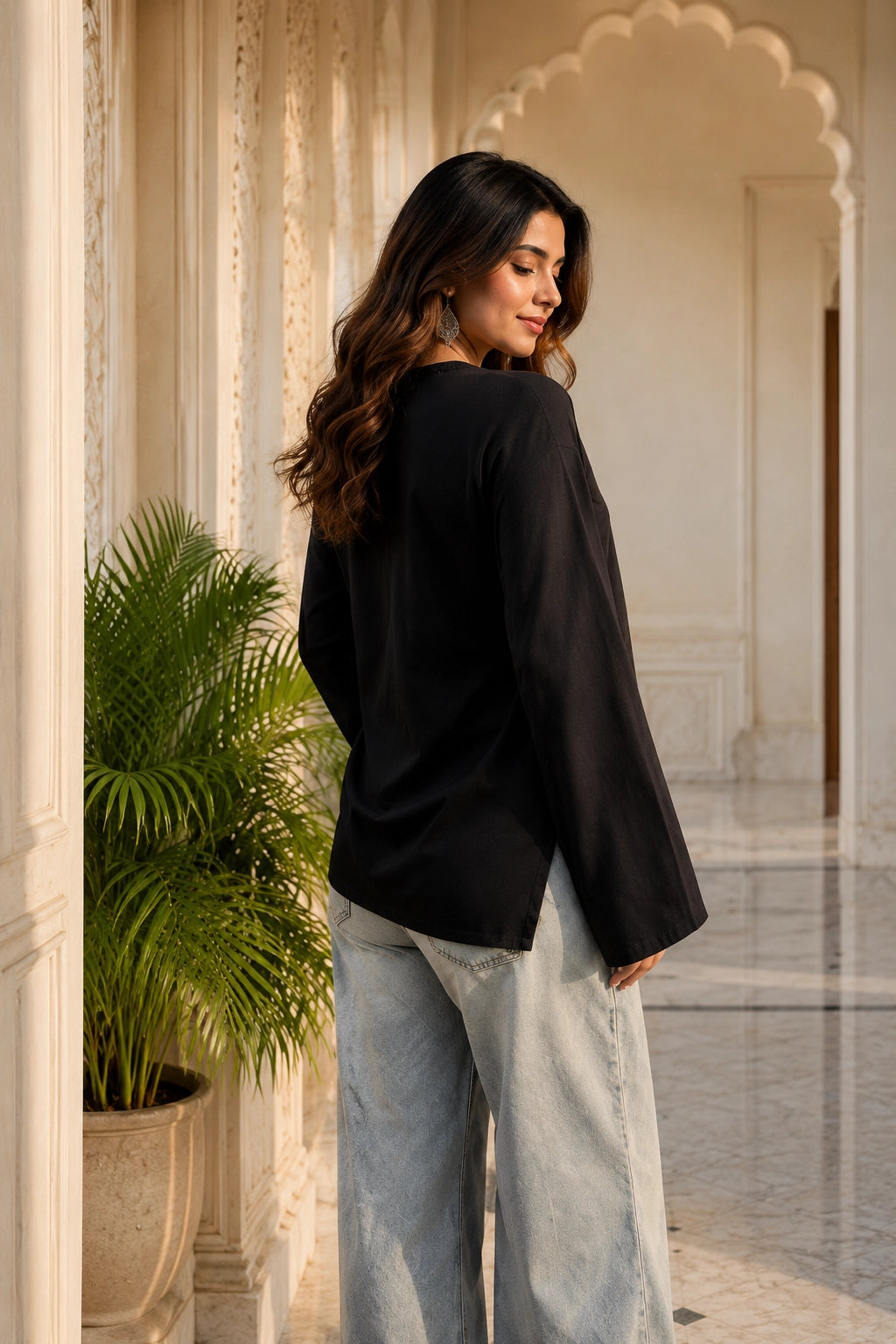 Black Plain V Neck Top for Girls